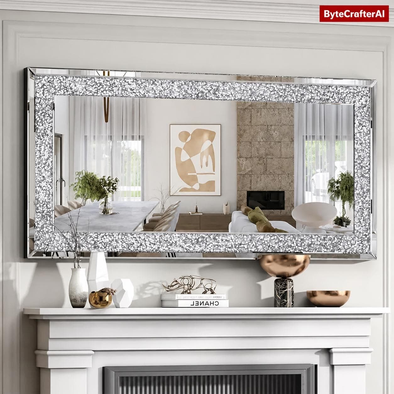 Silver Crystal Crush Diamond Wall Mirror, Glam Rectangle Mirror for Bathroom & Bedroom