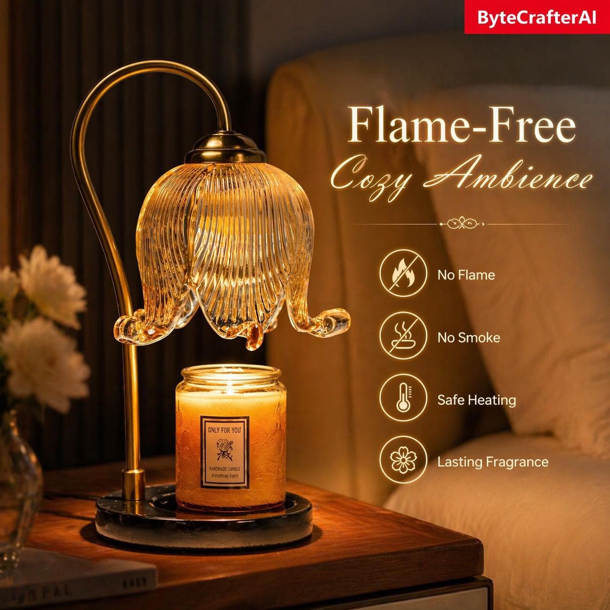 Tulip Candle Warmer | Flame-Free Wax Heater | Vintage Bedside Table Decor Light